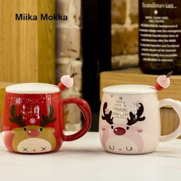 Mugs Christmas Gift Ins 400-500ml Elk Ceramic Coffee Cup With Lid Spoon Cartoon Cute Mug Milk Water Tea
