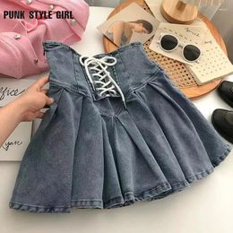 Skirts Spring Korean High Waist Lace Up Denim Pleated Women Y2K Solid A-Line Jean Harajuku Preppy All Match Mini