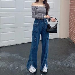 Women's Jeans Pocket Split Straight Woman High Waist Vintage Denim Pants Female Casual Trousers Ladies Spring Autumn Pantalones Mujer