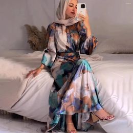 Casual Dresses Women Exotic Floral Printed Muslim Dress Long Skirt With Pleated Waist Spring Fashion Sleeve Abayas Dubai Turkey