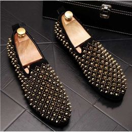 Designer Mens Casual Flats Black Gold Leather Wedding Party Shoes Brand Rivet Studded Spiked Loafers W