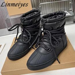 Boots Black White Flats Snow Women Round Toe Cross-tied Wool Warm Short Female Winter Casual Comfort Mid-Calf Woman