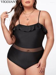 Women's Swimwear VigoJany 2024 Black Strapped Plus Size Women Verge Push Up Large One Piece Swimsuit Mesh Patchwork Chubby Bathing Suit