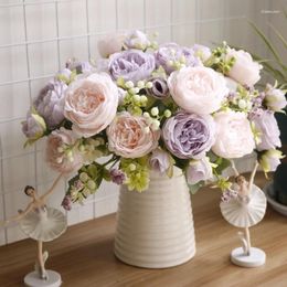 Decorative Flowers Selling 1pcs/32cm Rose Pink Silk Bouquet Peony Artificial Flower 5 Big Head 4 Small Bud Bride Wedding Home Decoration