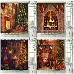 Shower Curtains Christmas Fireplace Xmas Tree Gift Year Wall Hanging Polyester Fabric Bathroom Curtain Decoration With Hooks