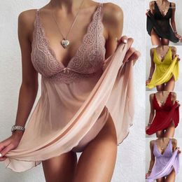 Women's Sleepwear Women Sexy Lace Stitching Sheer Suspender Pajama Plus Size Dress Deep V Porn Nightdress Temptation Sex Ladies