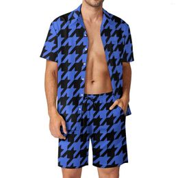 Men's Tracksuits Blue Houndstooth Men Sets Vintage Print Casual Shorts Summer Streetwear Beach Shirt Set Short Sleeve Custom Oversize Suit