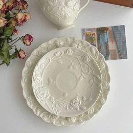 Cups Saucers Rose Coffee Cup and Plate Pure White French Small Exquisite Vintage Rose Relief Ceramic Plate Palace Style Relief Ceramic Plate