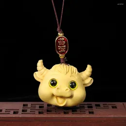 Decorative Figurines Natural Wood Carving Chinese Zodiac Cattle Cute Cow Animal Pendant Mascot Dangle Keychains Lucky Fortune Feng Shui