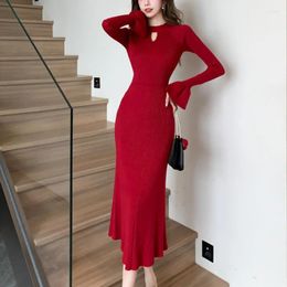 Casual Dresses France Vintage Sexy Knit One Piece Dress Women Hollow Out Y2k Elegant Sweater Female Korean Style Clothes 2024