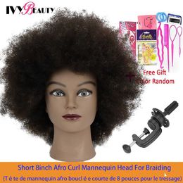 Mannequin Heads Afro Head Real Human Hairdressing African Salon Trainenghead Model Makeup Doll Woven Shape Q240510