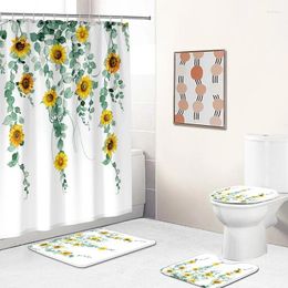 Shower Curtains Modern And Simple Sunflower Print Waterproof Curtain Four-piece Bathroom Living Room Decorative Non-slip Carpet