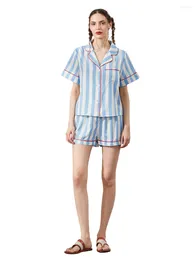 Home Clothing Women Button Up Pajama Set Vertical Stripe Print Short Sleeves T-Shirt And Elastic Shorts For 2 Piece Loungewear