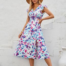 Casual Dresses Elegant Lace Stitching Dress Women Summer Floral Print Hollow Beach Party Vestido Fashion Boho Long 2024