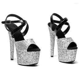 Dance Shoes Leecabe 17CM/7Inch Black Shiny Patent PU With Silver Glitter Party Platform High Heels Pole Dancing Sandals