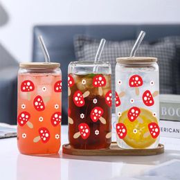 Wine Glasses 3D Print Cute Red White Dot Mushroom Flowers Sublimation Glass Straw Juice Bottle With Bamboo Lid For Gift Giving