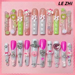 Party Favor XXXL Long Coffin Rectangle Mymelody Kawaii Press On Nail Art Spring Fresh Flowers Bow Pearl Love Diamond Glitter Nails Gift