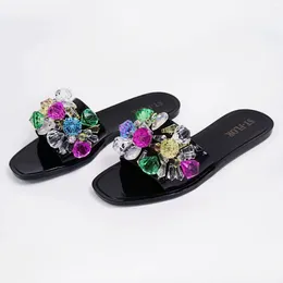 Slippers Women's Summer One Word Casual Non Slip Were Resistant Home Slipper Fashionable Colored Crystal Flat Beach