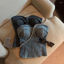 Women's Tanks American Fashion With Built In Bra Almighty Casual Denim Corset Top Womans Jeans Camis Tops Spaghetti Strap