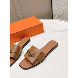 New Summer Genuine Leather Flat Bottom Hardware Buckle Open Toe One Line Beach Women's Sandal Slippers