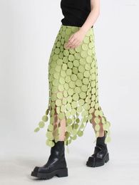 Skirts 2024 Cut Out Midi Skirt For Women High Waist Patchwork Tassel Irregular Hem Fashion All Match Streewear Bottoms