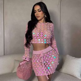 Sexy Women Sequin Two Piece Mini Skirt Sets Designer women's clothing handmade crochet Long Sleeve hollow out skirt two-piece beach dress sets Sexyclub wear