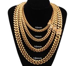 8mm10mm12mm14mm16mm Miami Cuban Link Chains Stainless Steel Necklaces CZ Zircon Box Lock Gold Chains for Men Hip Hop jewelry5106774