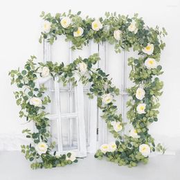 Decorative Flowers 1.8M Artificial Eucalyptus Garland Silk Rose Camellias Fake Hanging Vine For Wedding Party Arch Table Decoration