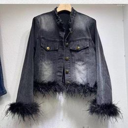Women's Suits Long Sleeve Demin Jacket Ostrich Feather Cuff Blazer 2024 Spring For Women Fashion Coat