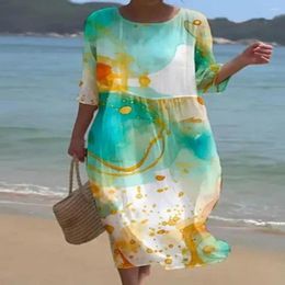 Casual Dresses Lady Beach Dress Floral Print A-line Midi For Women Long Sleeve Loose Fit Vacation Beachwear Pullover Wear Outfit Bohemian