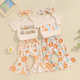 Clothing Sets Summer Born Baby Girls Letter Print Short Sleeve Bodysuits Floral Flare Pants Headband Casual Outfits