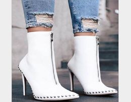 Women Fashion Skinny Ankle Boots With Rivets Zip Up Stiletto High Heels Leather Pointy Toe Ankle Booties1795137
