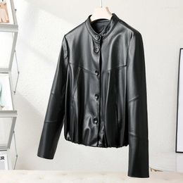 Women's Leather 2024 Spring And Winter Standing Collar Motorcycle Real Coat Loose Wrinkled Sheepskin Jacket Small