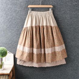 Skirts Japanese Mori Girl Literature Vintage Floral Print Skirt Women Elastic Waist Casual Loose Cotton And Linen A-line