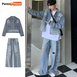 Autumn Denim Set Men Denim Jacket Wide Leg Straight Jeans Casual Loose Solid Colour Korean Style Street Stand Collar 2pcs Suit 240429