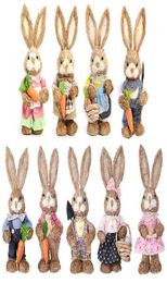 12 inch Artificial Straw Rabbit Ornament Standing Bunny Statue with Carrot for Easter Theme Party Home Garden Decor Supplies 210911839038