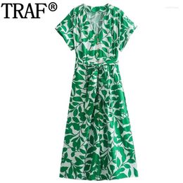 Party Dresses Green Print Long Women Belt Short Sleeve Midi Dress Woman Button Up Summer Shirt Ruched Casual