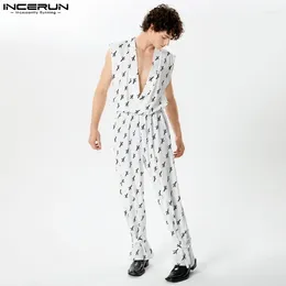 Men's Pants 2024 Men Jumpsuits Printing V Neck Sleeveless Loose Elastic Waist Casual Male Rompers Streetwear Fashion Overalls S-5XL INCERUN