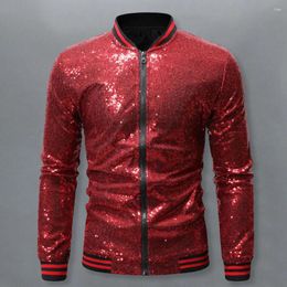 Men's Jackets Men Sequin Jacket Stand Collar With Shiny Long Sleeves Slim Fit Zipper Closure Mid Length For Stage Shows