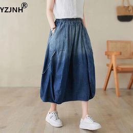 Skirts YZJNH 2024 Spring/Summer Denim Skirt Women's Loose And Casual High Waist Washed Large Hem Gradient Half Size