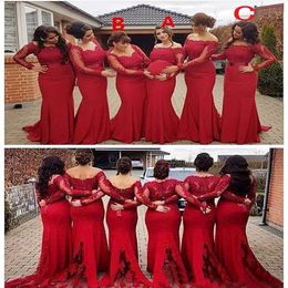 Cheap Lace Dark Red Mermaid Bridesmaid Dresses 2021 New For Weddings Long Sleeves Lace Appliques Sashes Party Sweep Train Maid Honour Go 263K
