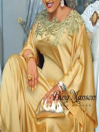 Ethnic Clothing Africa Gown Dress Silk Fabric Satin Gold Colour Golden Flower Embroidery Diamond Abaya Party High Quality Maxi Long Dresses