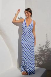 Casual Dresses 2024 Summer Women's Long Dress Print V-neck Sleeveless Backless Sexy Female Trendy Fashion Beach Holiday Clothes Ladies