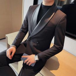 Men's Suits Light Luxury PU Leather Patchwork Casual Suit Jackets High-quality Men Slim Black Blazers Male's Business Social Wedding Tuxedo