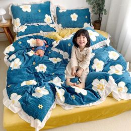 Bedding Sets Printed Magic Fleece Set 3 Or 4pcs/set Stripe Duvet Cover Winter Flannel Warm Bed Flat/fitted Sheet Linen Velvet Ruffles