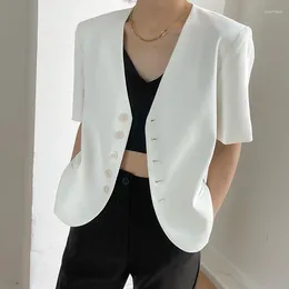 Women's Jackets Korean Fashion Thin Coat Women Summer Blazer Short Sleeve V-neck Single Breasted Office Lady Tops High Quality Clothing