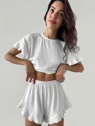 Home Clothing Hiloc Summer Knitted Solid Ruffled Shorts Sets 2 Piece Women Pyjama Fashion O-Neck Crop Tops Sleepwear Elastic Waist Suit