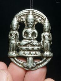 Decorative Figurines YIZHU CULTUER ART Old China Tibet Silver Carved Three Holy Buddha Statue Tibetan Buddhist Pendant