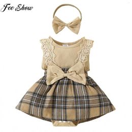 Girl Dresses Baby Girls Summer Casual Cute Romper Dress Sleeveless Lace Bow Plaid Bodysuit With Headband For Daily Birthday Party Holiday