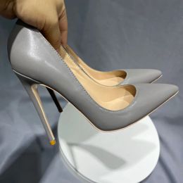 Grey Leather Soft Female Shoes 10Cm Pointy Toe Stiletto High Heel Ladies Dress Women Pumps Plus Size 33-45